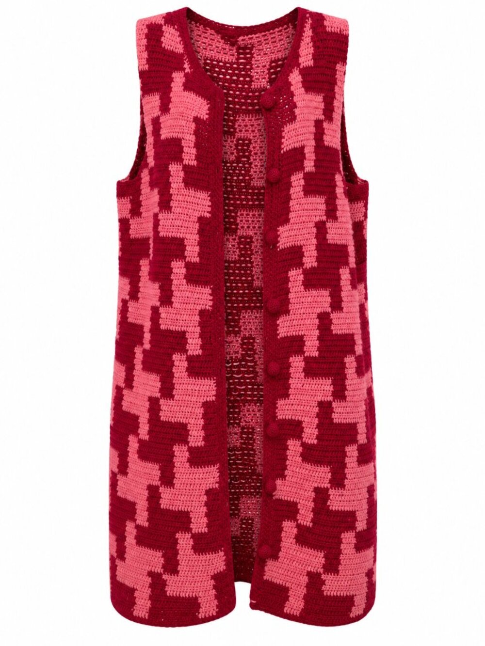 Vintage Handmade Crochet Houndstooth Layering Duster Vest Pink Red Pom Pom Boho